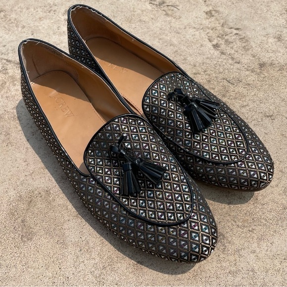 [9.5] J.Crew Black & White, Pink & Blue Diamond Print Almond Toe Tassle Loafers - Picture 2 of 11